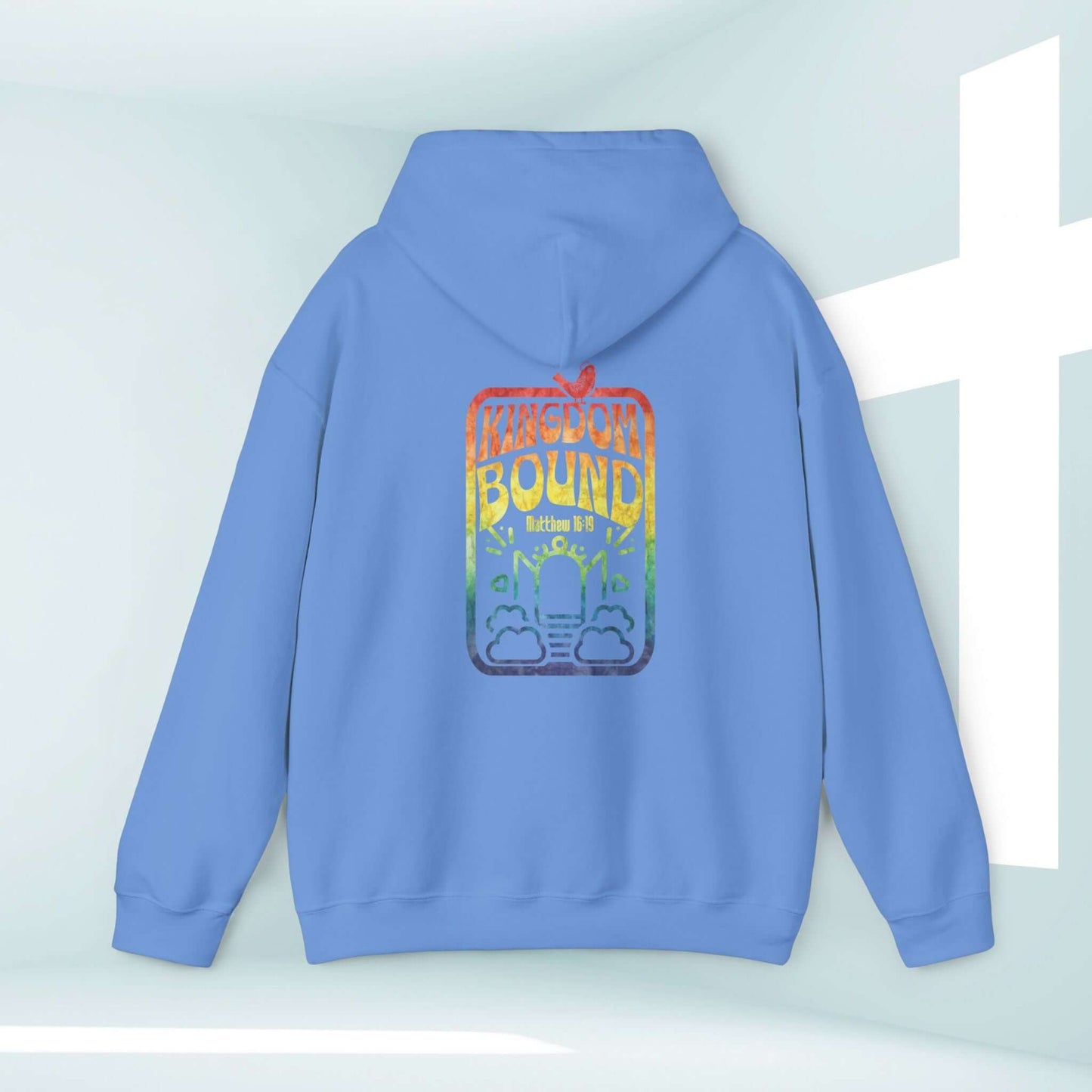 Kingdom Bound faith-inspired Bible verse Christian hoodie in blue, boho style, perfect for Christian concerts and inspirational gatherings.