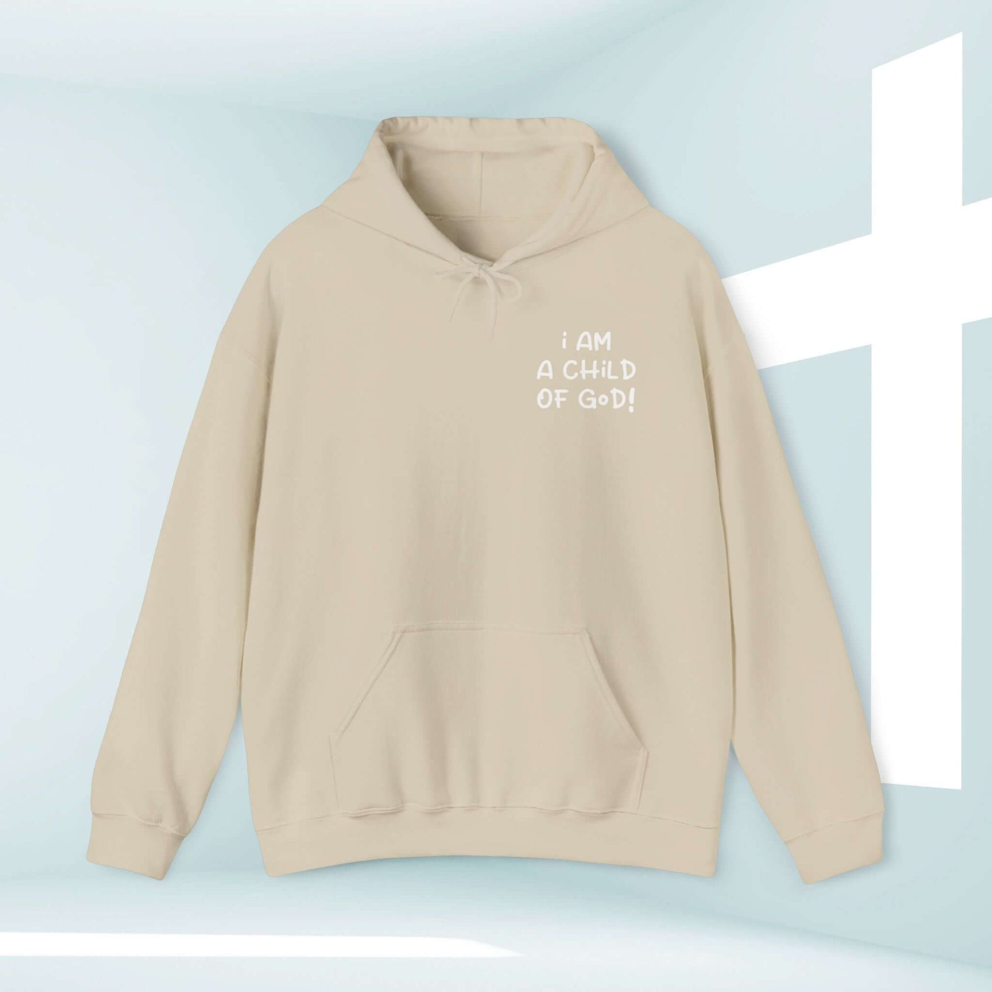 Beige "I Am A Child Of God" Christian hoodie with Bible verse graphic in front of a white cross background