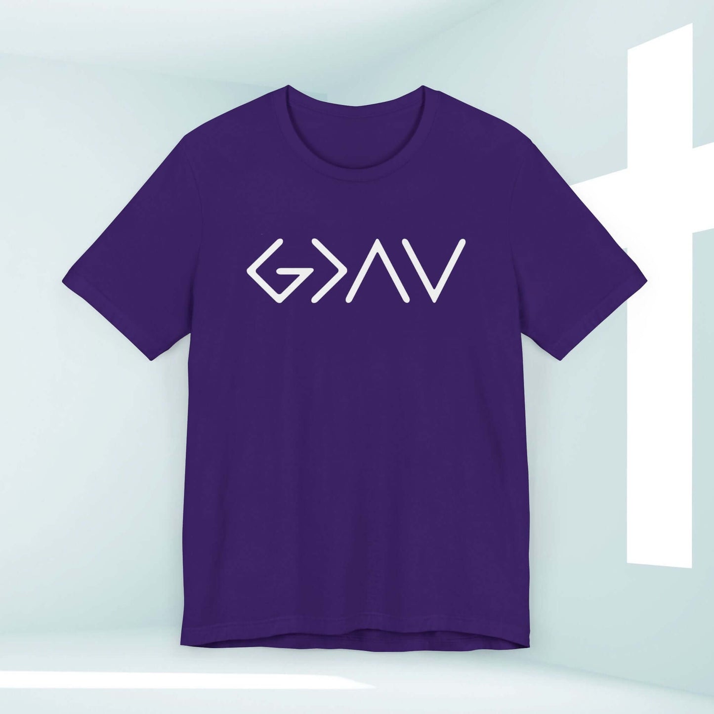 Women's Christian T-Shirt with "God Is Greater Than The Highs And The Lows" design in purple, perfect religious gift and Christian apparel