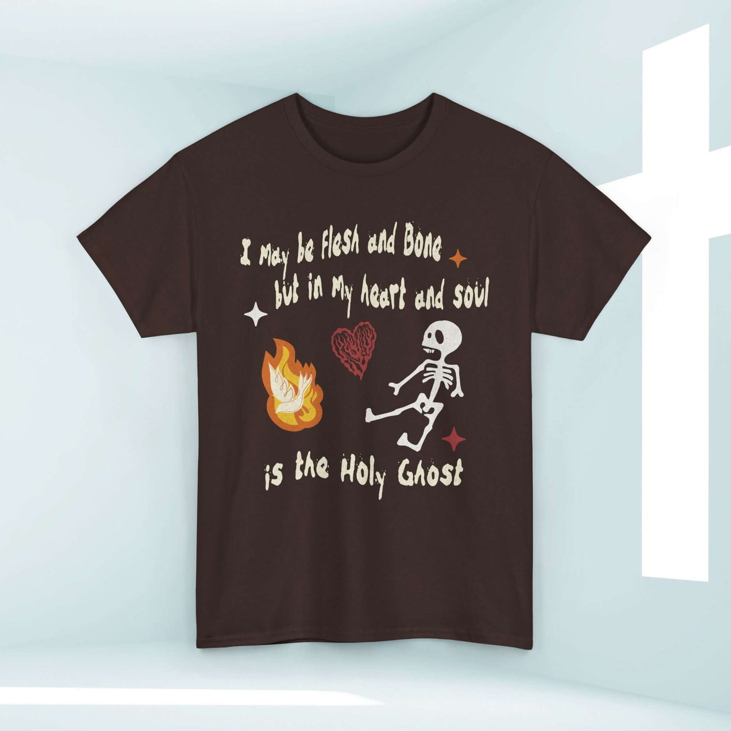 Christian Halloween shirt with skeleton graphic and "In My Heart And Soul Is The Holy Ghost" text, faith-based Halloween tee.