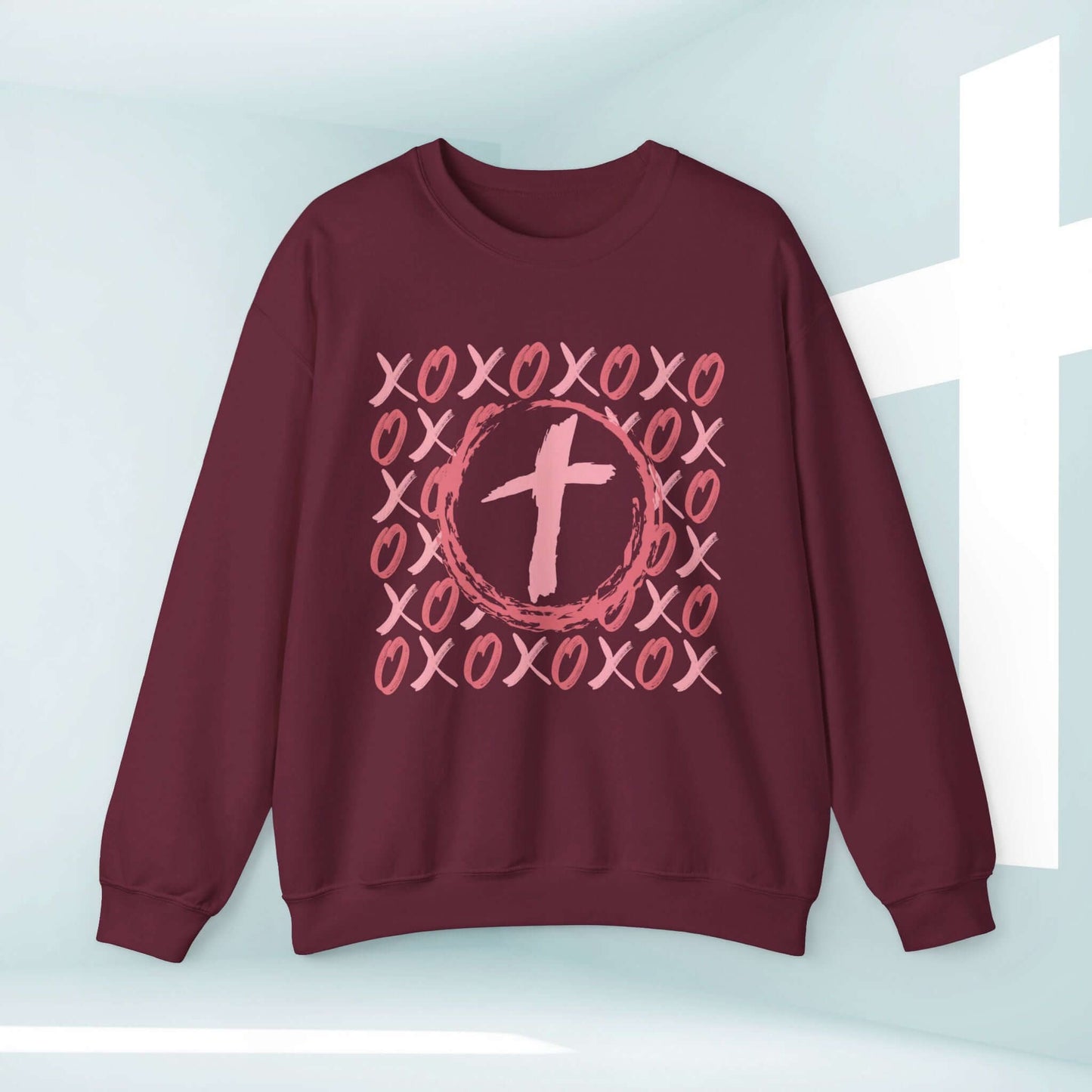 Christian valentine's day sweatshirt with XOXO heart cross design, perfect for wedding anniversary, engagement, or as a love-themed gift.