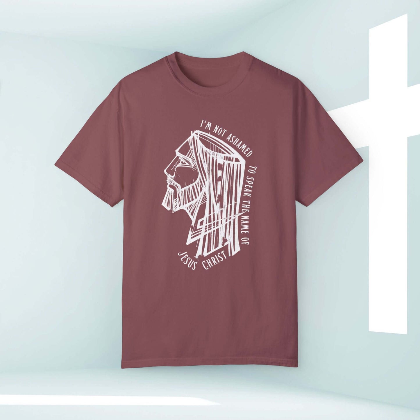 I'm Not Ashamed Men's Christian Jesus T-Shirt Inspirational Religious Tee with Jesus Christ Graphic in Maroon Color.