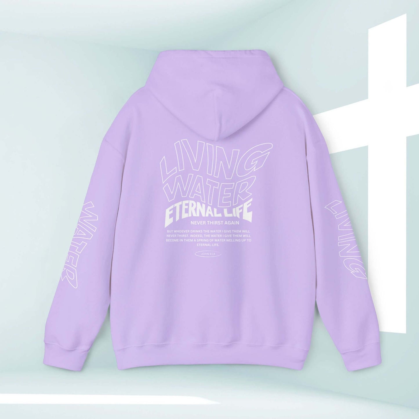 Living Water Eternal Life Christian hoodie with front, back, and sleeve graphics in light purple. Ideal for faith-based apparel and Christian gifts.