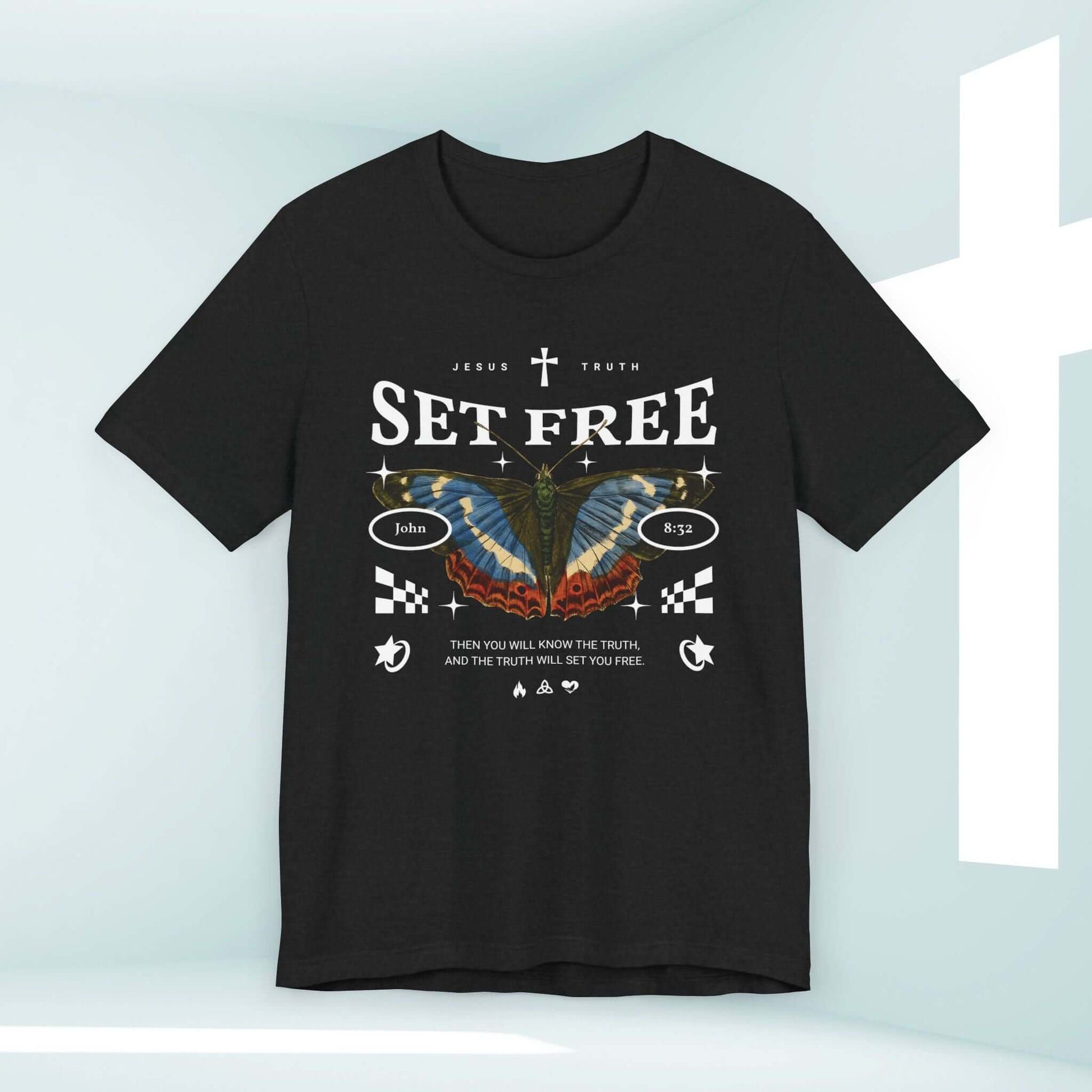 Butterfly Set Free Christian T-shirt with Bible verse, made from 100% airlume cotton, perfect for church, prayer, and casual Christian apparel.