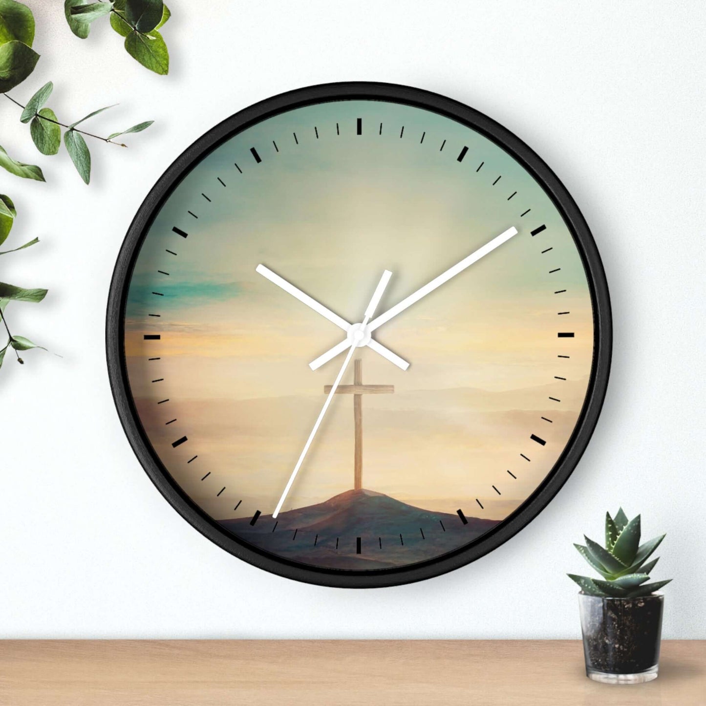 Beautiful Sky Christian Cross Wall Clock with Psalm 19:1 verse, ideal for Christian art and religious decor, featuring a wooden frame and silent mechanism.