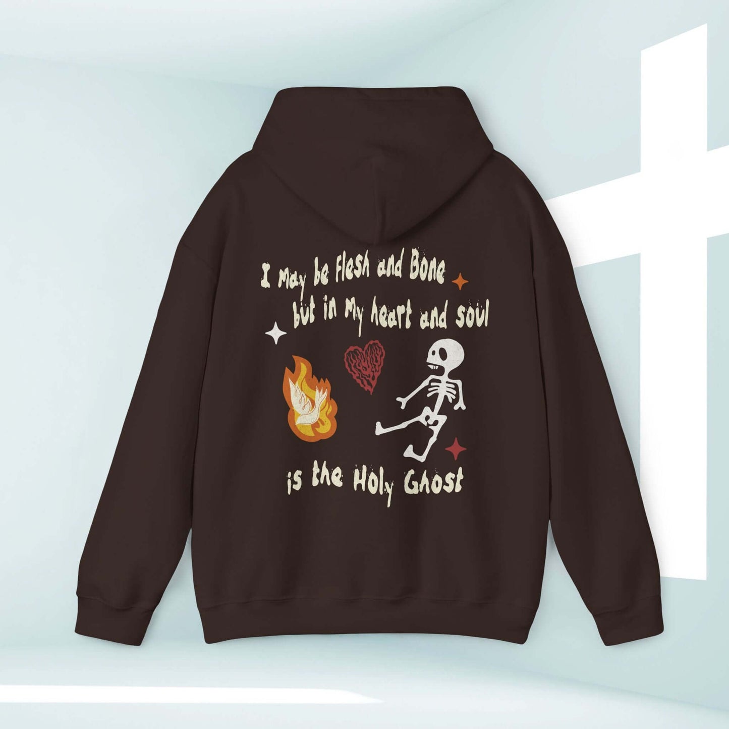 Christian Halloween hoodie with dancing skeleton and scripture, "In my heart and soul is the Holy Ghost," perfect Halloween gift.