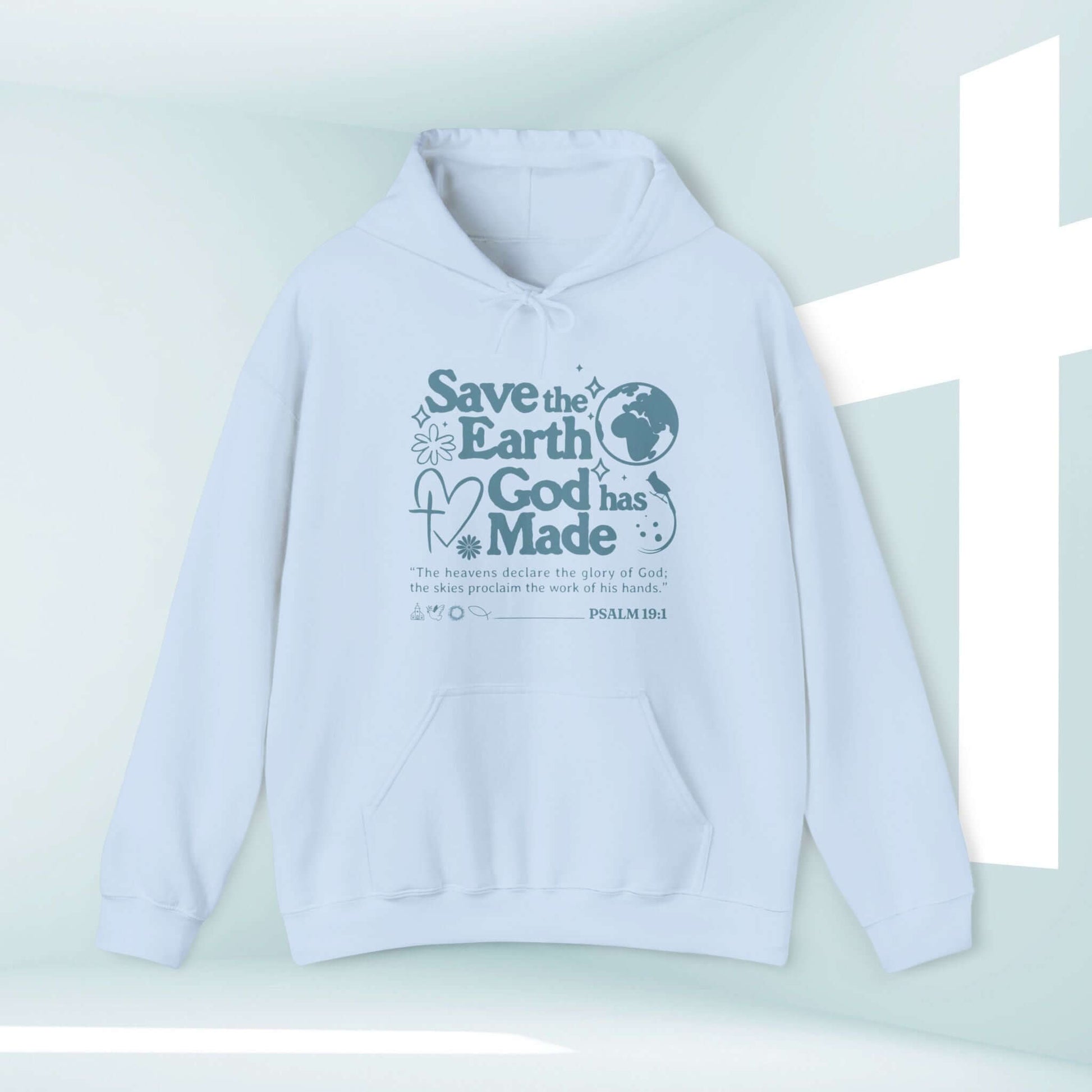 Earth Day Christian hoodie with Bible verse Psalm 19:1, inspirational hooded sweatshirt for sharing faith and hope, light blue pullover hoodie.