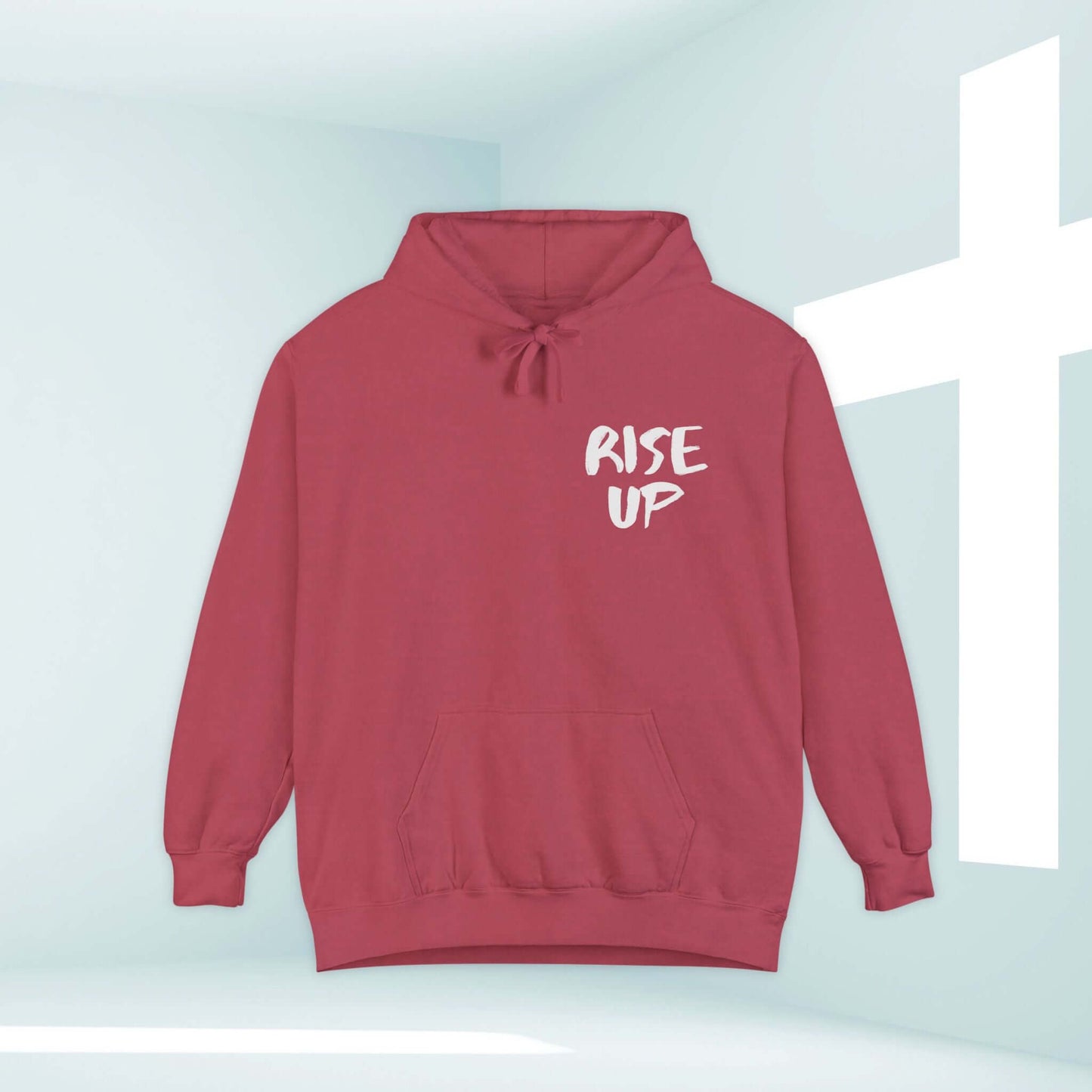 Rise Up Bible Verse Hooded Sweatshirt – Inspirational Christian hoodie in red with faith-based message, perfect for church or casual wear.