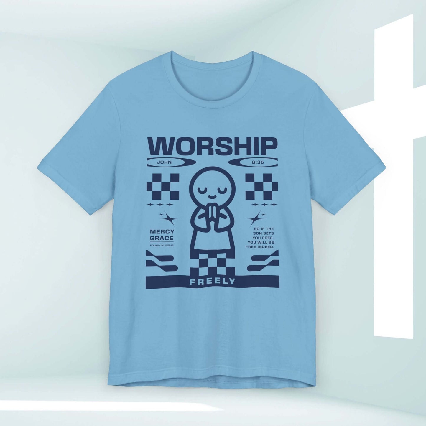 Light blue Christian t-shirt with worship graphic for praise, church, and prayer. Perfect religious apparel with faith message and Christian design.