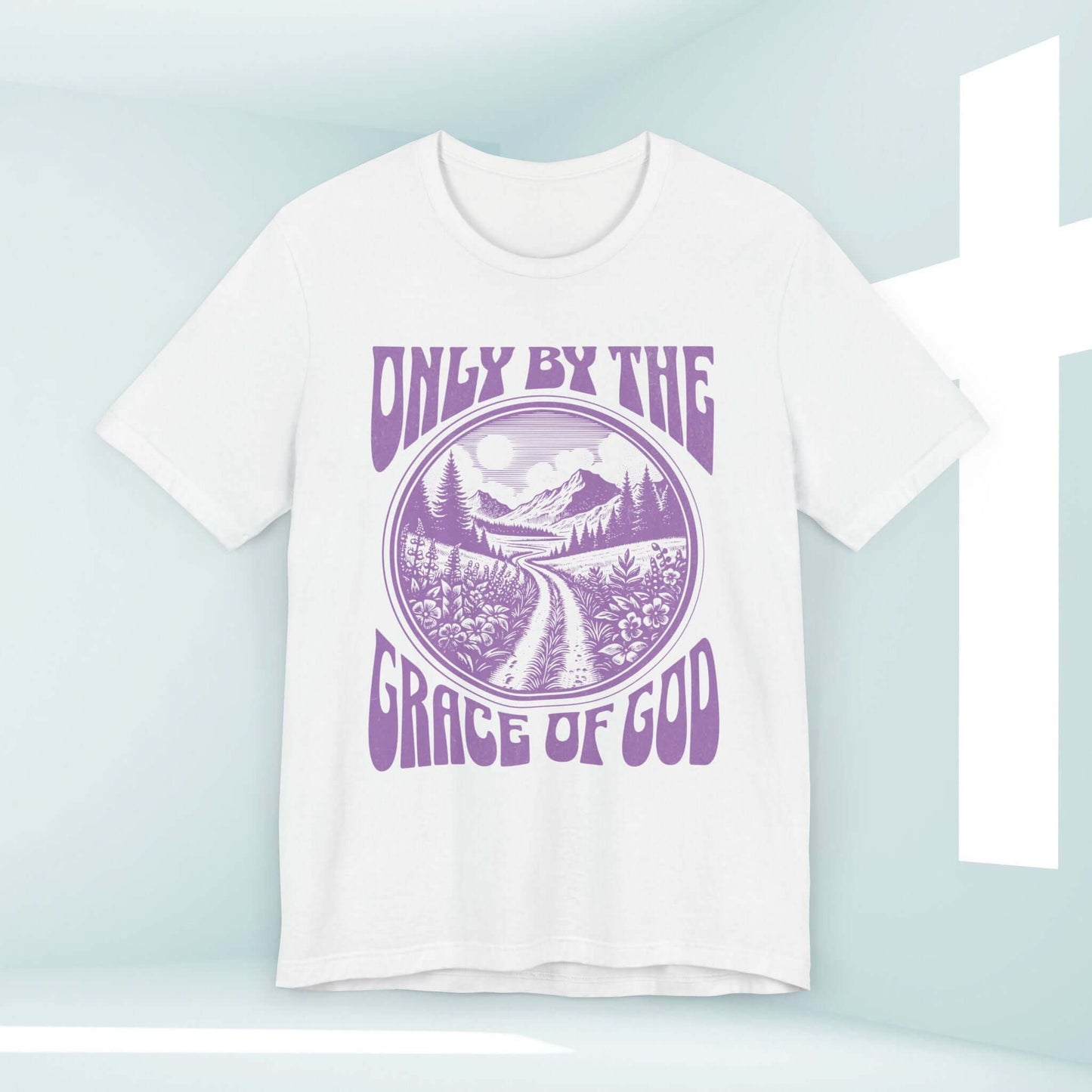 Inspirational "Only By The Grace Of God" Christian T-shirt with scenic design, perfect for sharing faith and spreading love through religious apparel.