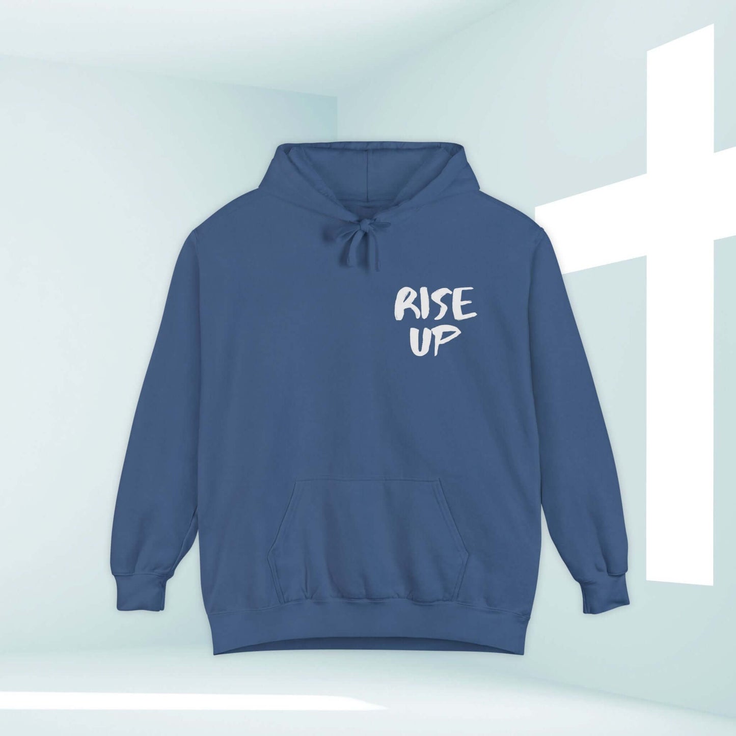 Rise Up unisex Christian hoodie in blue with a white cross in the background, inspirational religious hooded sweatshirt for church and faith-based apparel