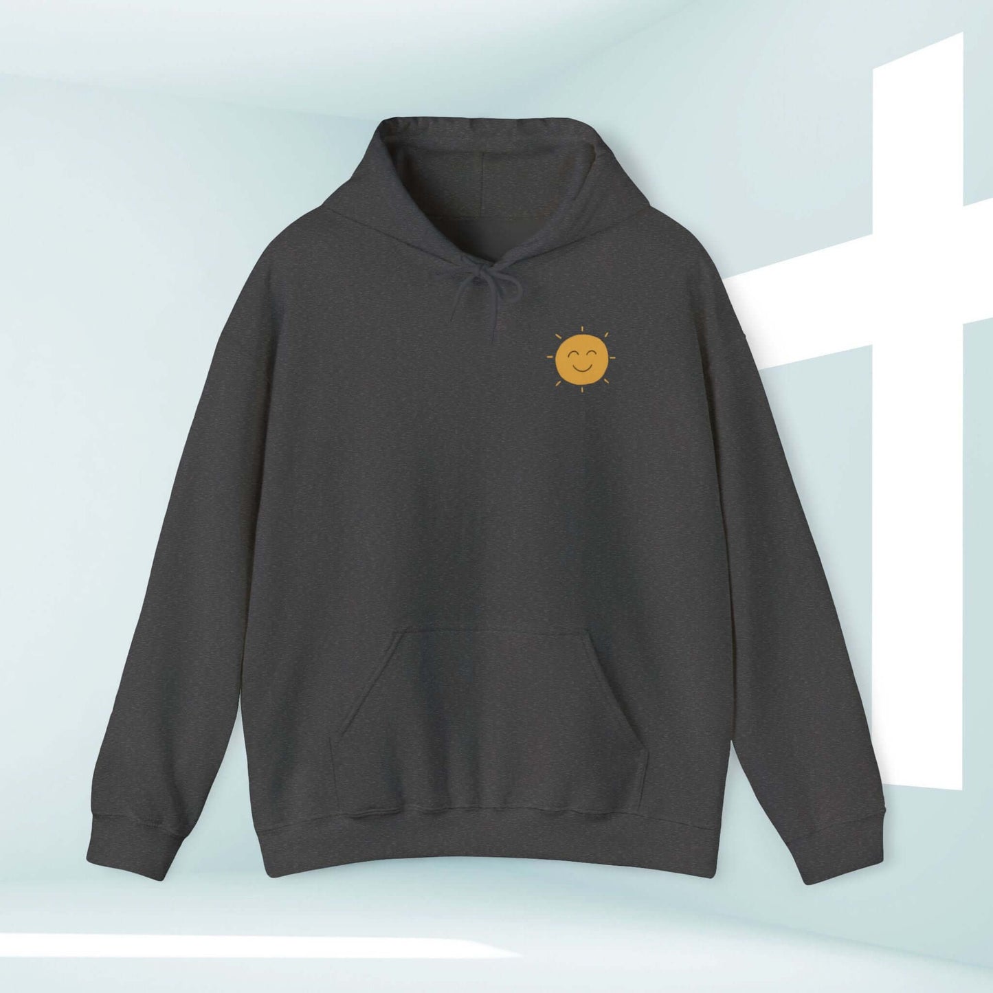 Christian boho hoodie with smiley face, Shine Your Light hooded sweatshirt, faith-based inspirational Christian apparel