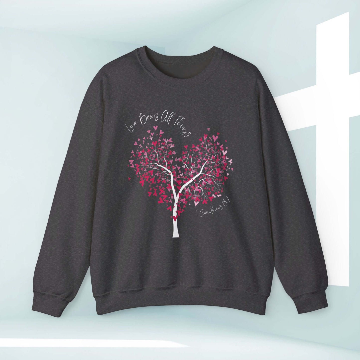 "Love Bears All Things Christian wedding sweatshirt with heart tree design perfect for Valentine's Day, anniversary, or engagement gift"