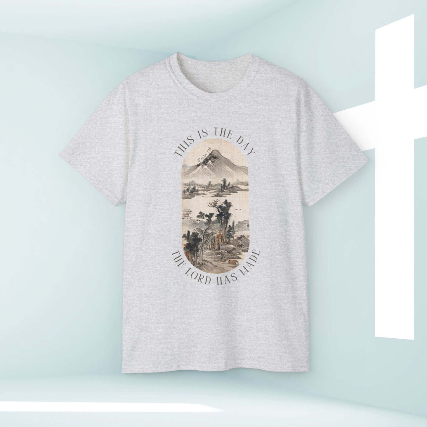 "This Is The Day The Lord Has Made" men's mountain nature camping Christian t-shirt design in gray with faith-based graphic.