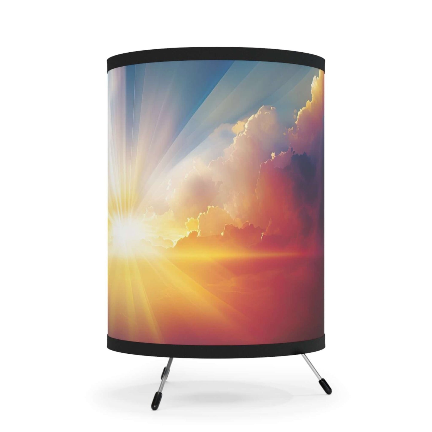 Christian sunrise table lamp with tripod base featuring vibrant colors and heavenly sky design, perfect for Christian decor and gifts.