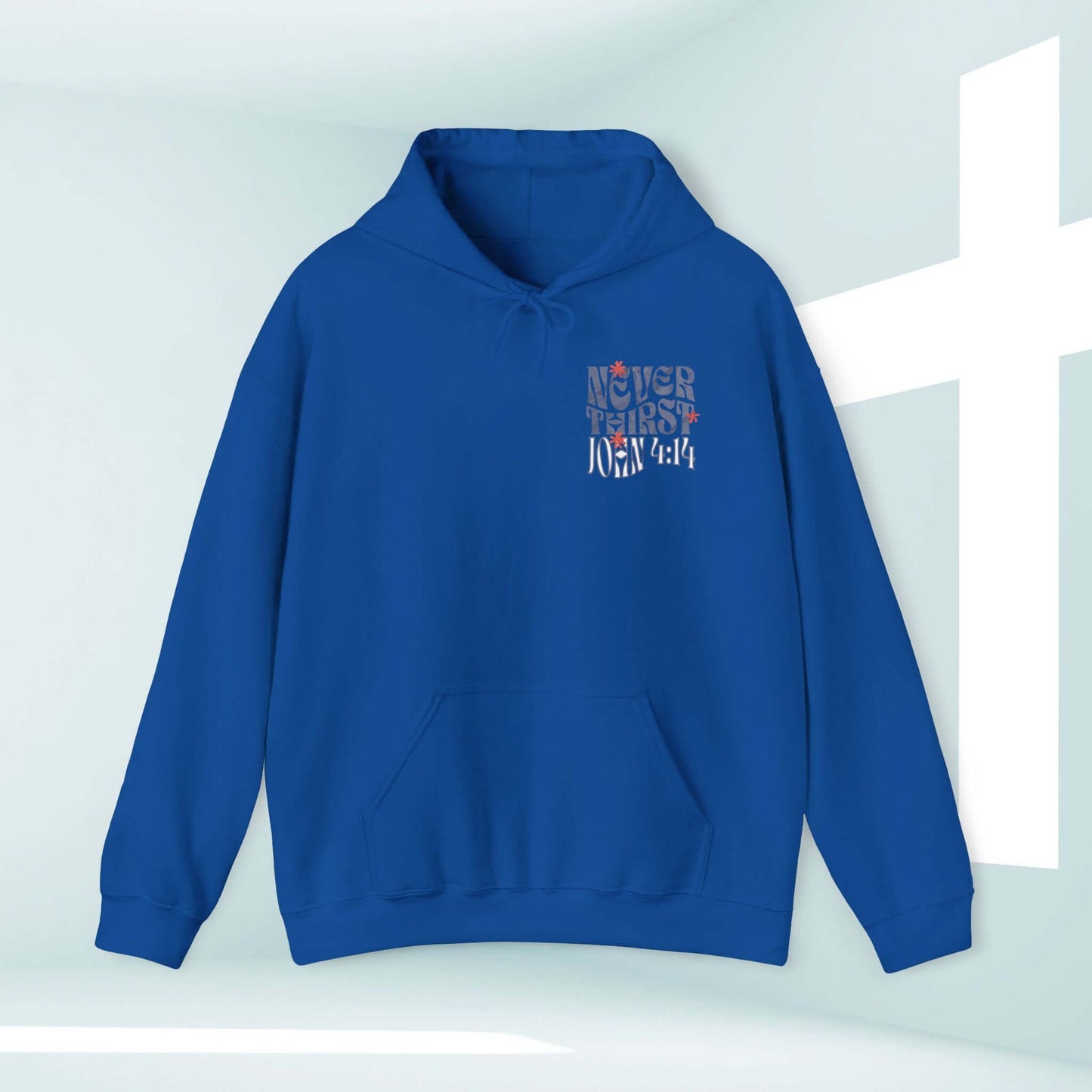 Living Water Never Thirst Christian hoodie in blue, featuring John 4:14 Bible verse text design, kangaroo pocket, and color-matched drawcord