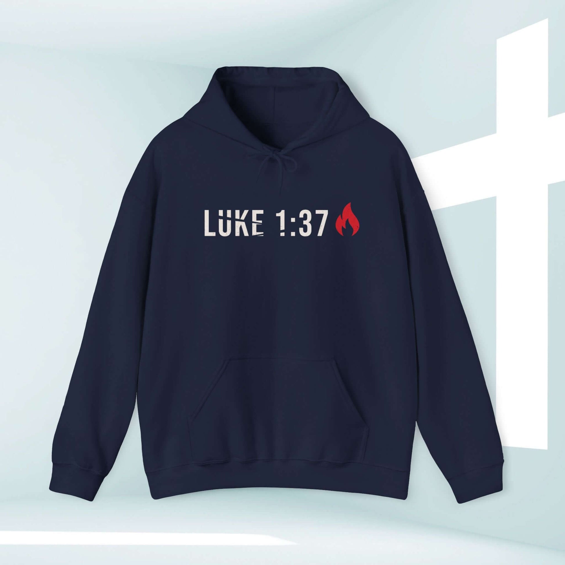 Mens Christian Jesus Hoodie with Luke 1:37 Bible Verse, Inspirational Jesus Shirt for Men, Christian Apparel Gift for Dad, Navy Blue