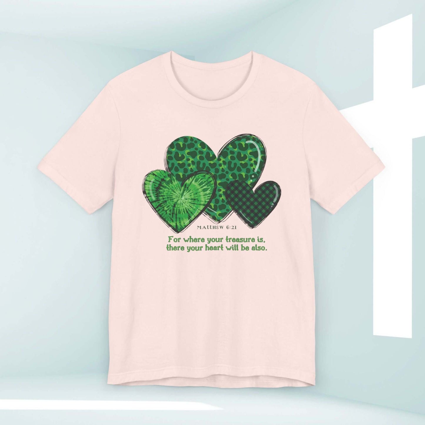 Christian St Patrick's Day shirt with green heart shamrock clover design and Bible verse, inspirational religious Irish tee.