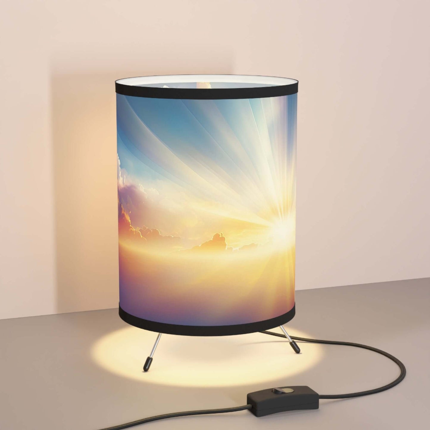 Christian sunrise lamp with heavenly sky design on a tripod base, perfect for indoor decor, Christian gifts, or pastor gifts.