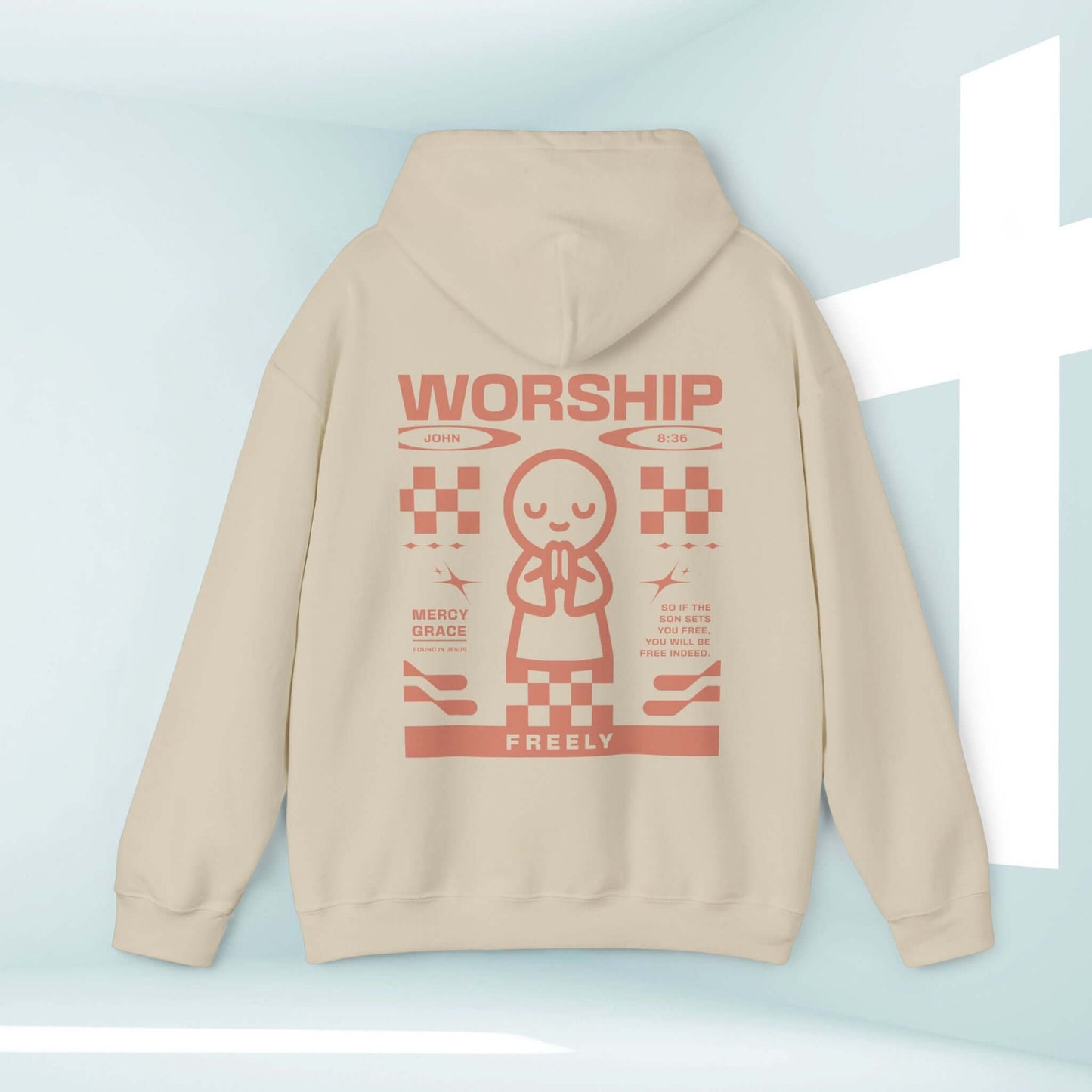 Worship Freely Christian hoodie with faith-based front and back design, religious hoodie for prayer and church, ideal gift for mom on Mother's Day