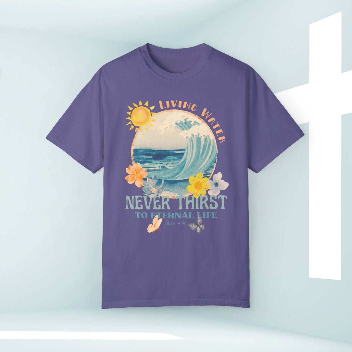 Purple Living Water Christian beach shirt with ocean wave and Bible verse design, perfect faith-based apparel for vacations and beach outings.