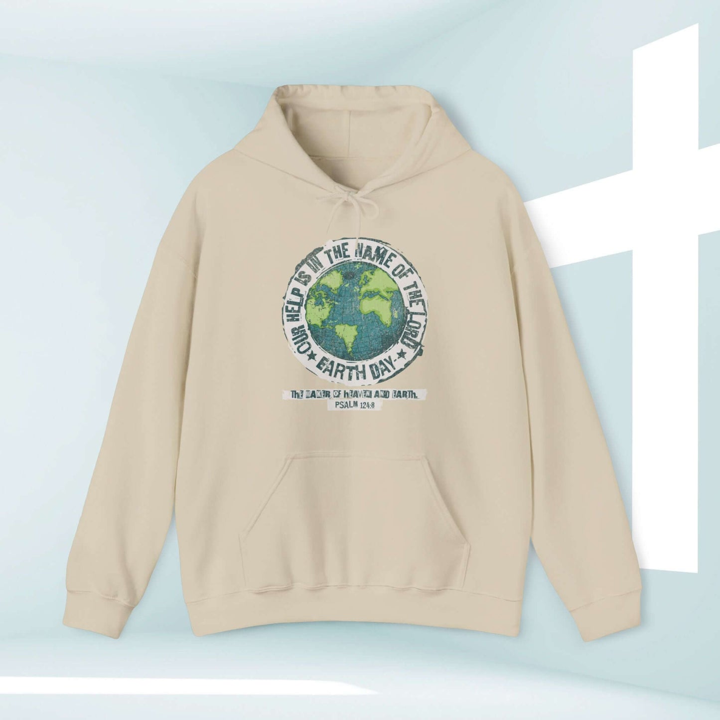 Earth Day Christian hoodie with Bible verse design, beige hooded sweatshirt for religious and faith-based outdoor apparel