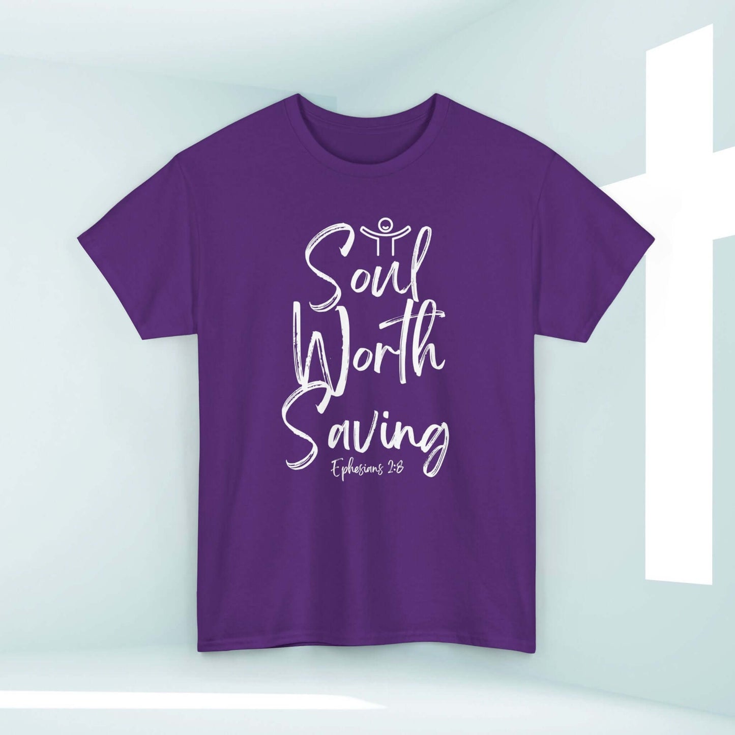 Soul Worth Saving women's Christian t-shirt in purple with Ephesians 2:8 scripture, perfect for expressing faith, joy, and devotion.