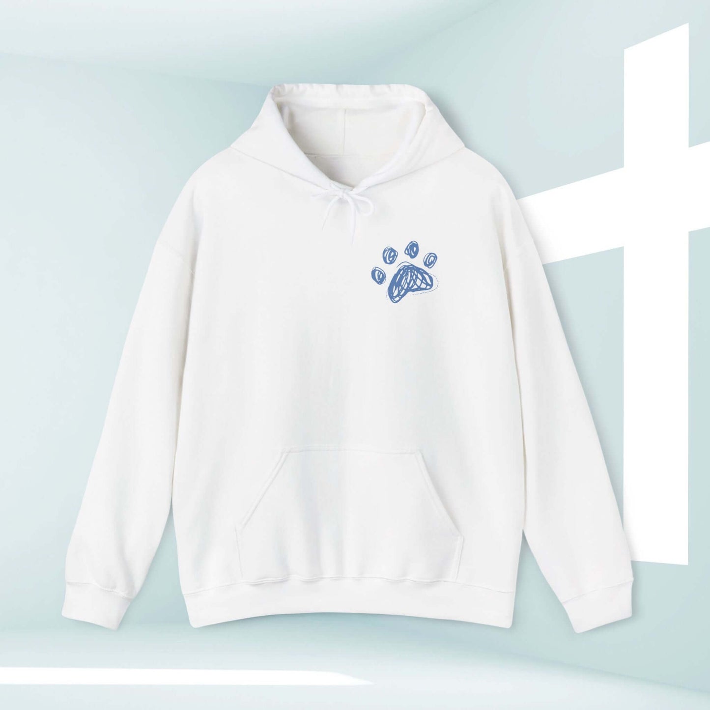 White Christian hoodie with paw print design, symbolizing prayer with dogs and faith in Jesus. Perfect dog mom shirt and animal lover gift.