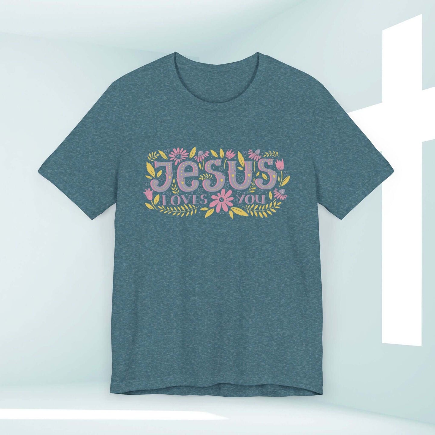 Jesus Loves You women's Christian tee with floral design, religious shirt for faith inspiration, Christian apparel and gifts.