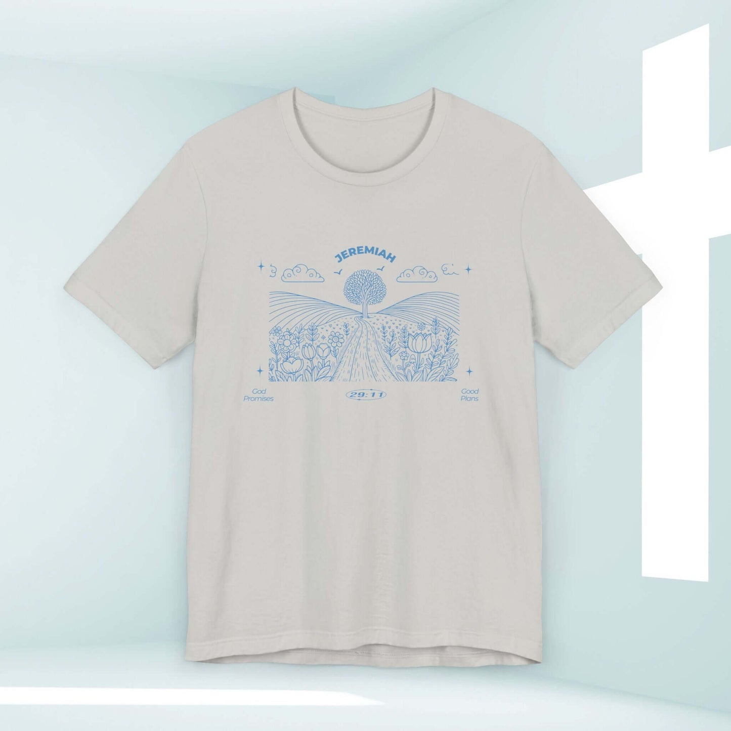 Christian For I Know The Plans T-shirt with nature and camping design, inspirational Bible verse, and scenic mountain illustration.