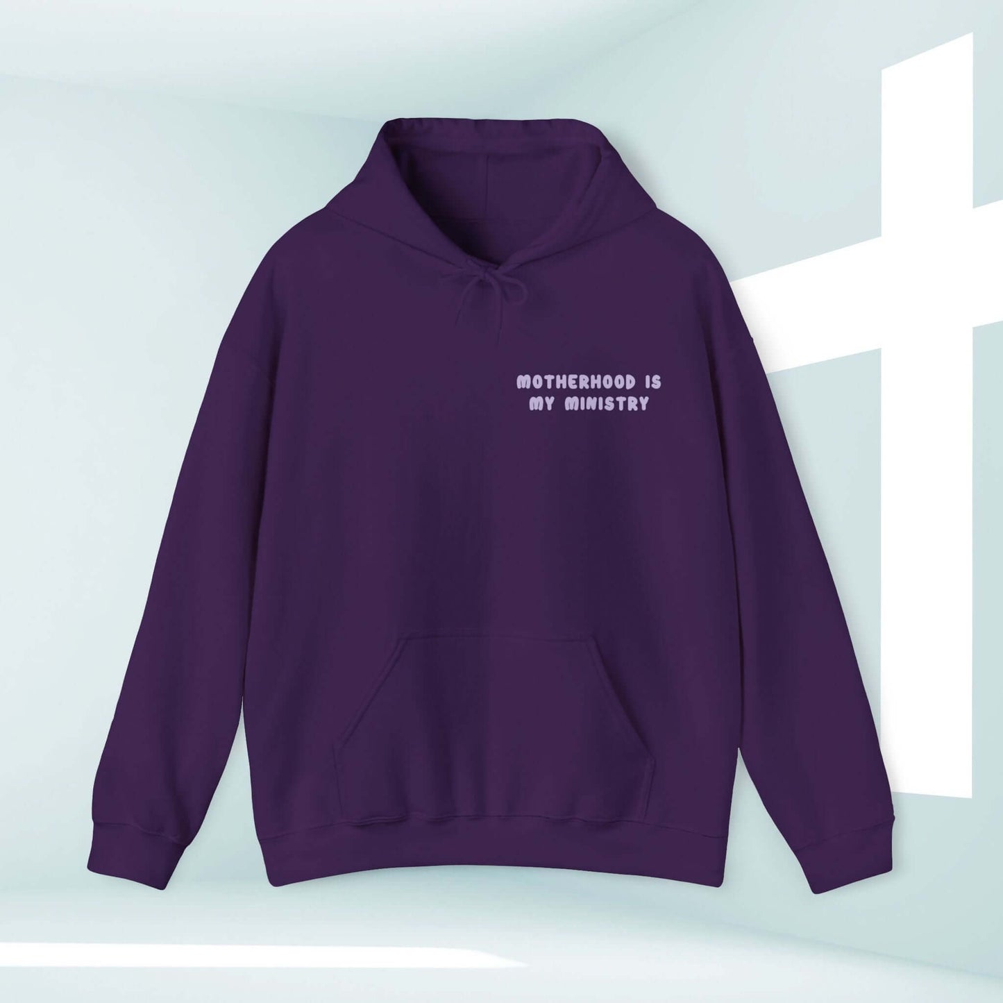 Motherhood Is My Ministry Christian hoodie in purple, perfect gift for new moms and homeschoolers. Comfortable inspirational womens hoodie.