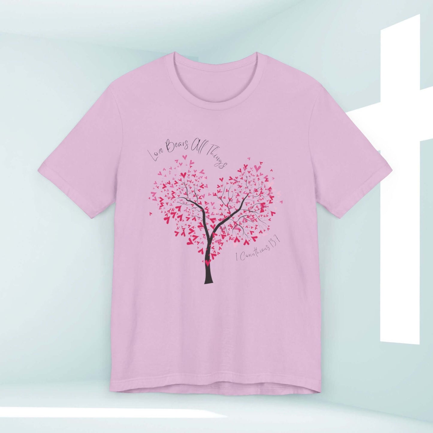 Christian Love Bears All Things t-shirt, pink faith-based wedding tee with heart tree graphic, perfect valentines day gift