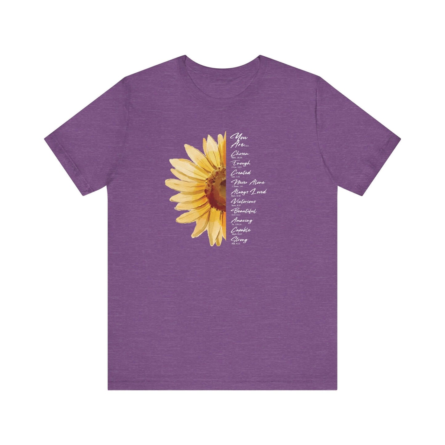 Purple sunflower Christian t-shirt with inspirational messages "You Are Loved, Not Alone, Enough" for women, perfect religious gift, Christian apparel.