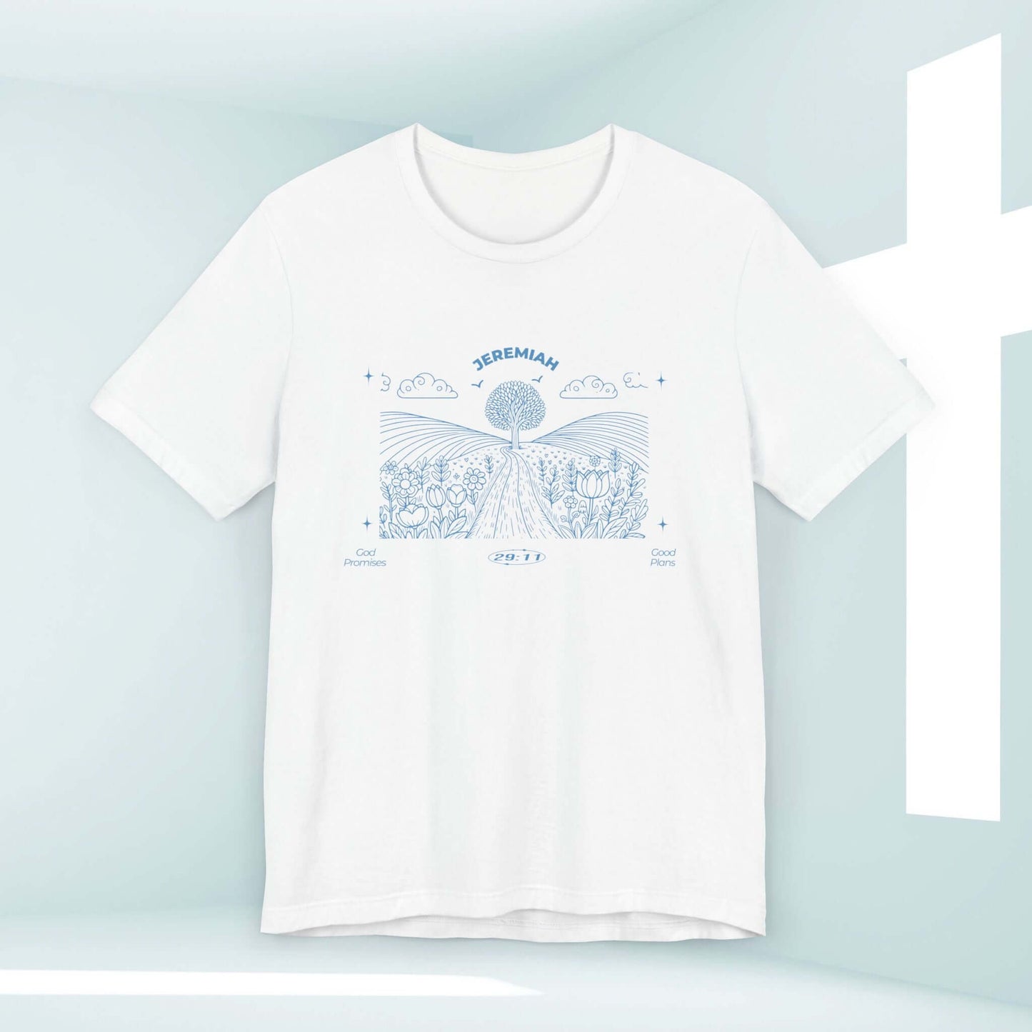 Christian t-shirt with Jeremiah 29:11 verse and nature camping design in front of white cross background