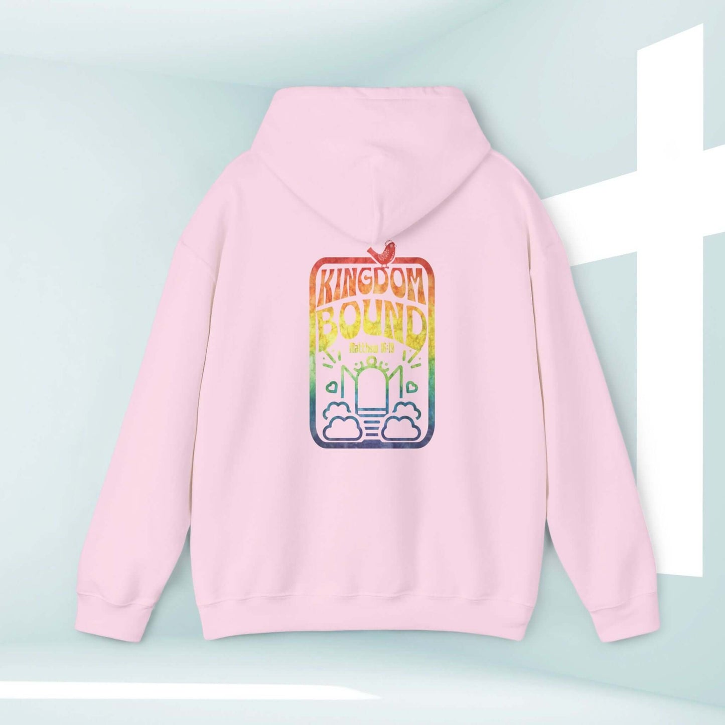 Kingdom Bound pink Christian hoodie with Bible verse graphic, boho style for concerts and inspiration, perfect faith-based apparel.