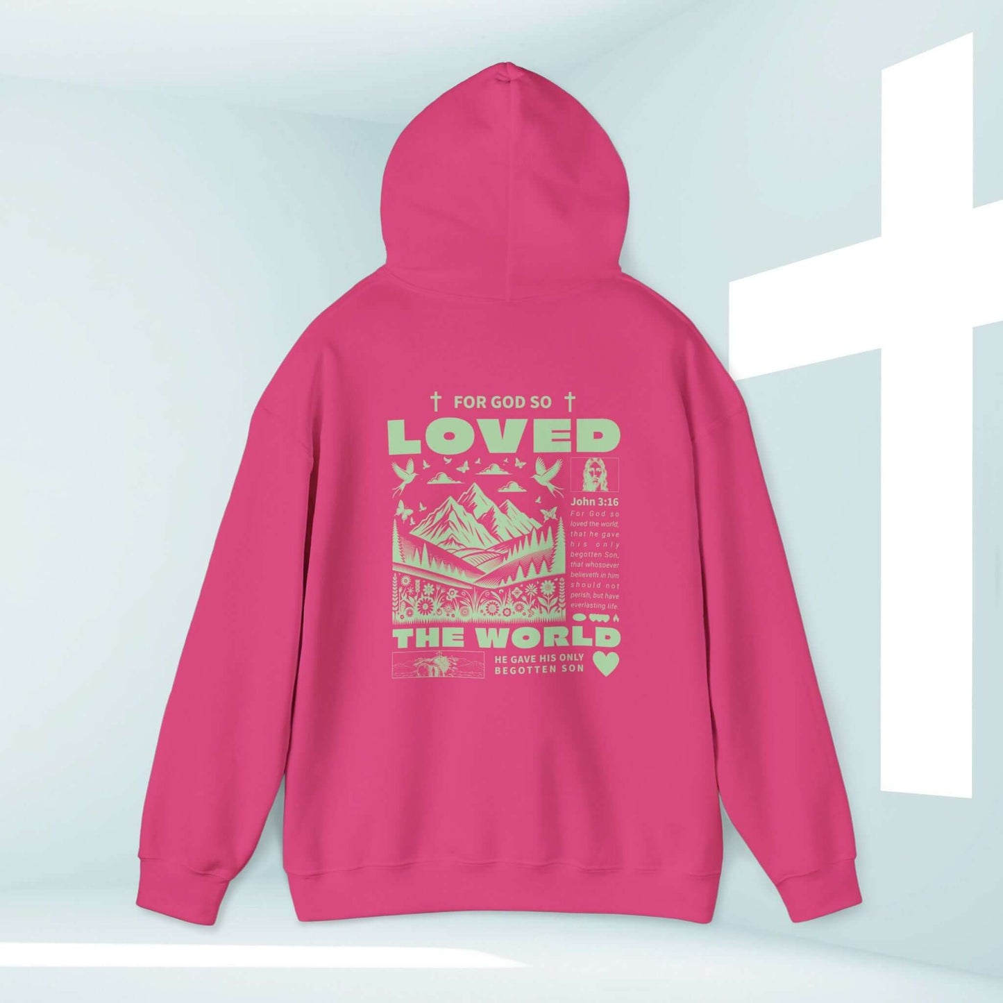 Pink Christian hoodie with John 3:16 "For God So Loved The World" design, faith-based apparel for spreading the gospel message.