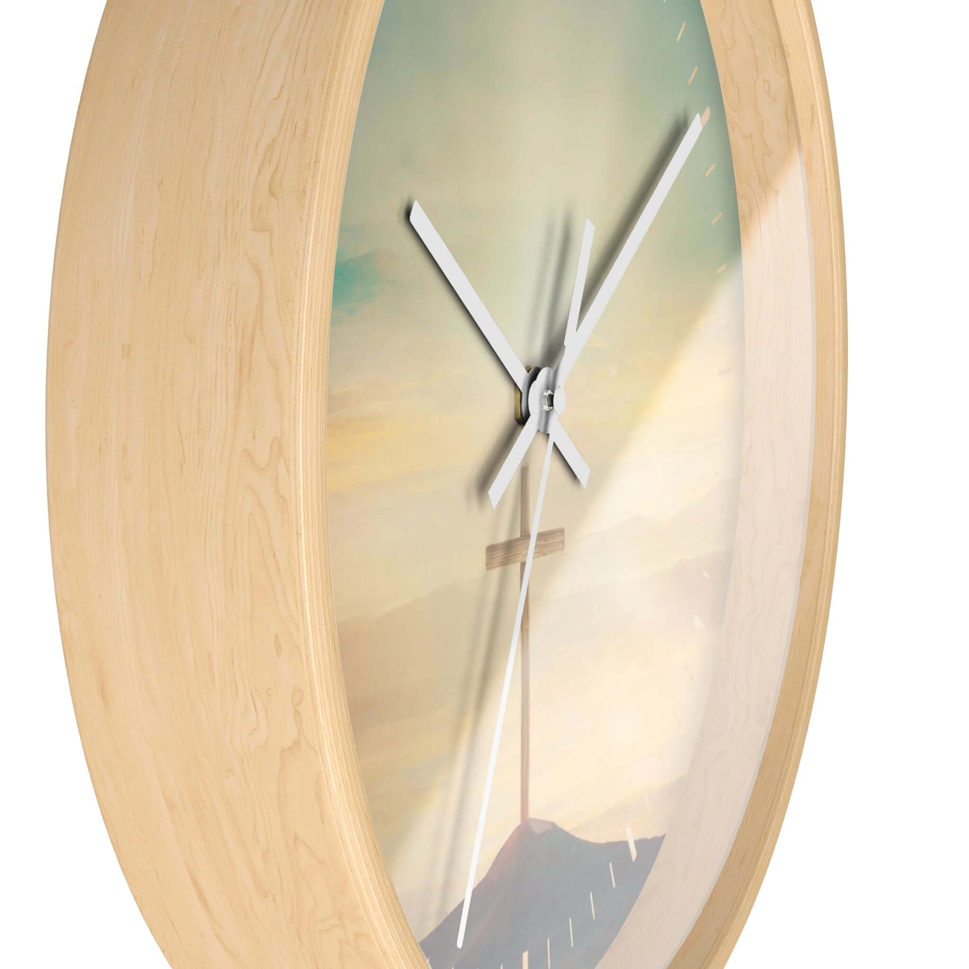 Beautiful Sky Christian Cross Wall Clock with wooden frame and Plexiglass face, featuring Psalm 19:1 for religious decor and inspiration.