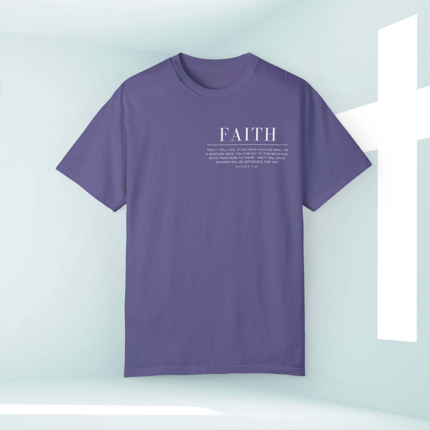 Purple Faith Can Move Mountains Christian T-Shirt with Bible Verse in Inspirational Design