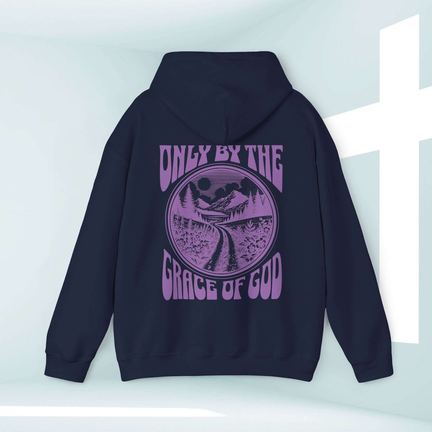 Only By The Grace Of God Christian hoodie, faith-based graphic pullover hoodie with Bible verse, religious apparel in navy blue.