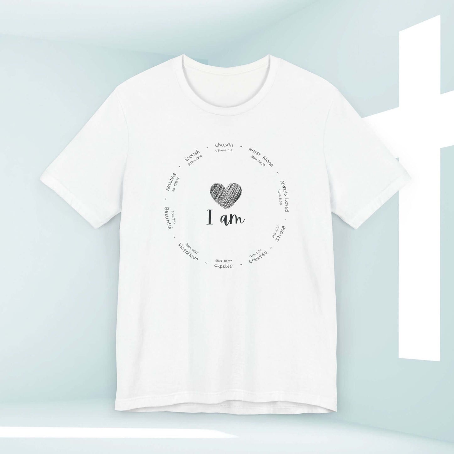 I Am Inspiration Shirt with Bible Verse for Women, featuring motivational affirmations in circular design, displayed against a light background.