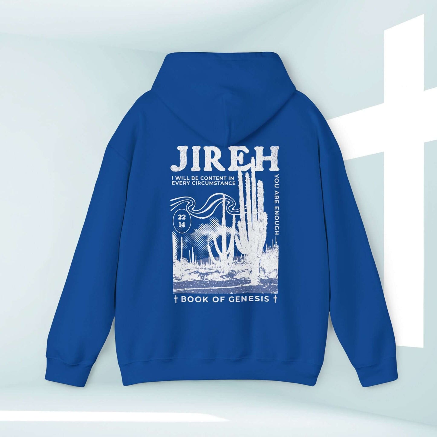 Jireh boho Christian hoodie with Bible verse and cactus design, blue hooded sweatshirt with inspirational message, Christian apparel