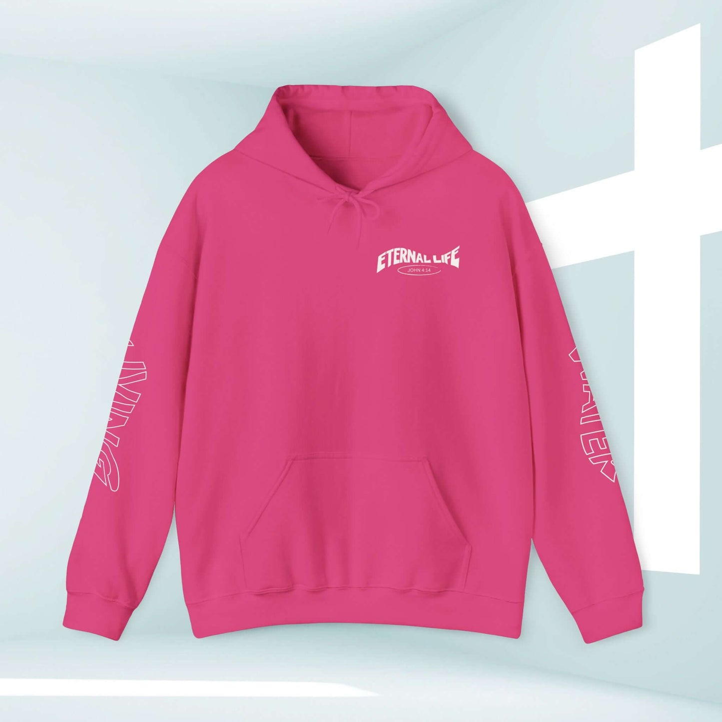 Pink Living Water Christian hoodie with 'Eternal Life' front graphic and sleeve designs, perfect faith-based apparel for men and women.