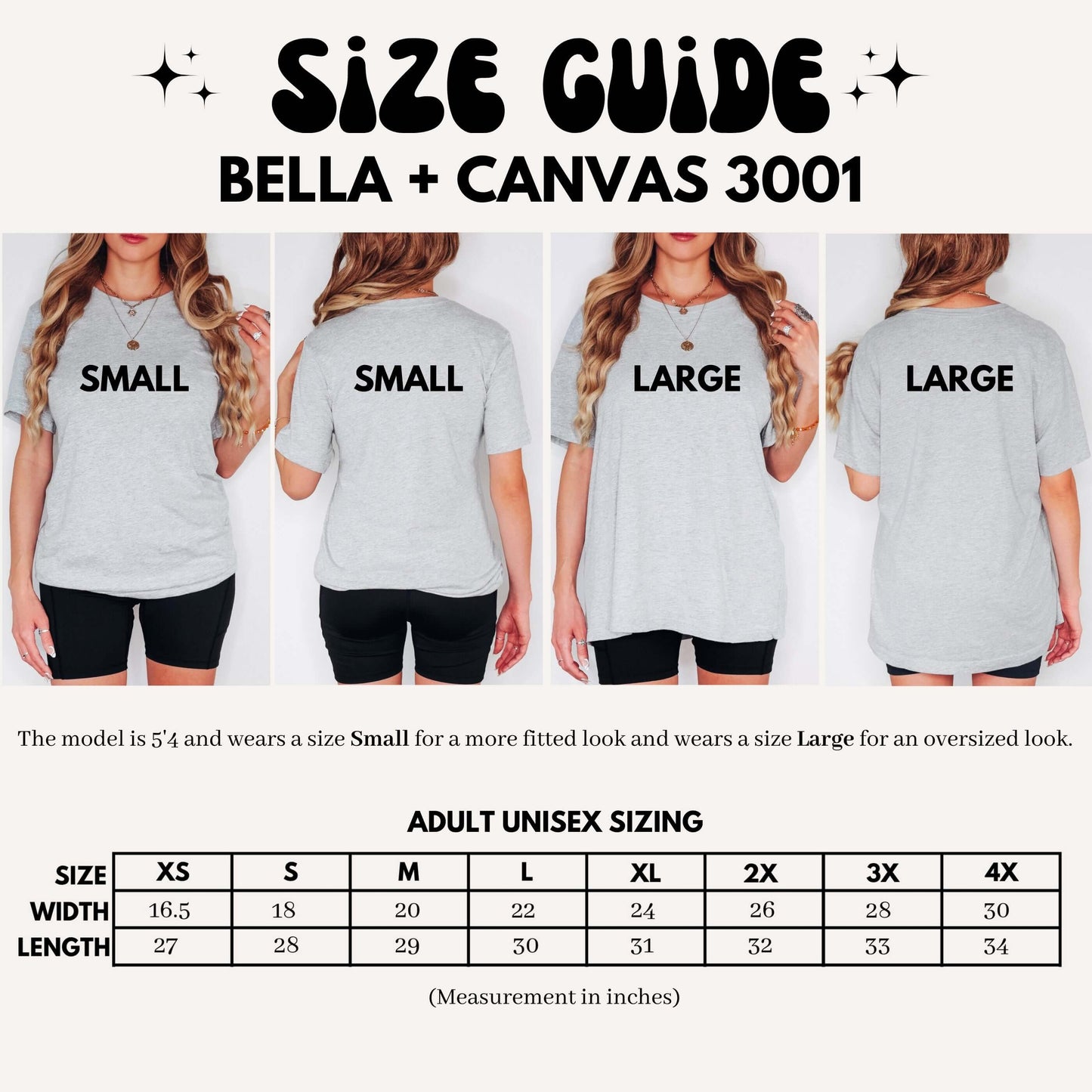 Size guide for Bella + Canvas 3001 Christian t-shirts with model wearing Small and Large for fit comparison and sizing chart