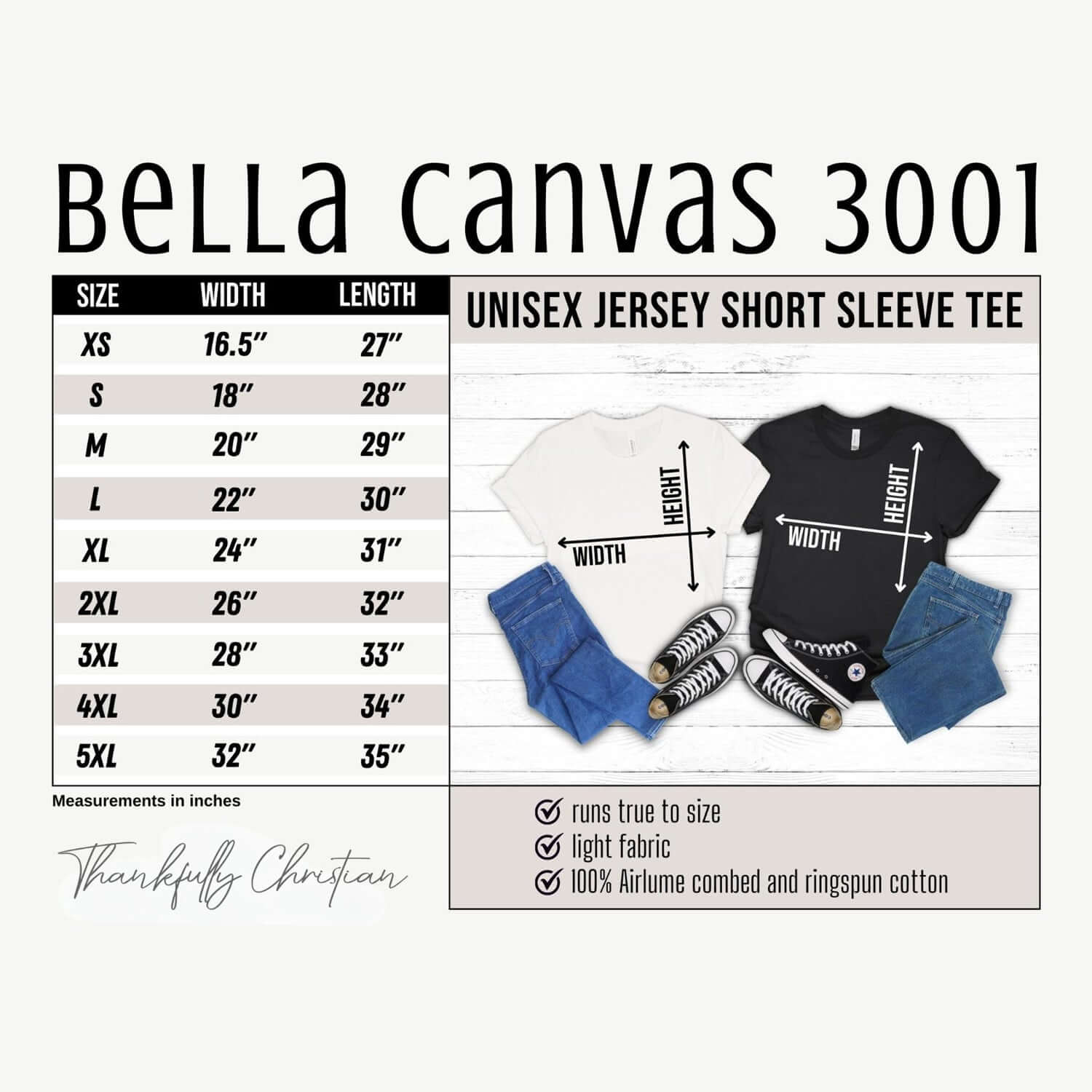 Size chart for Bella Canvas 3001 unisex jersey short sleeve tee, available in various sizes from XS to 5XL, showcasing width and length measurements in inches.