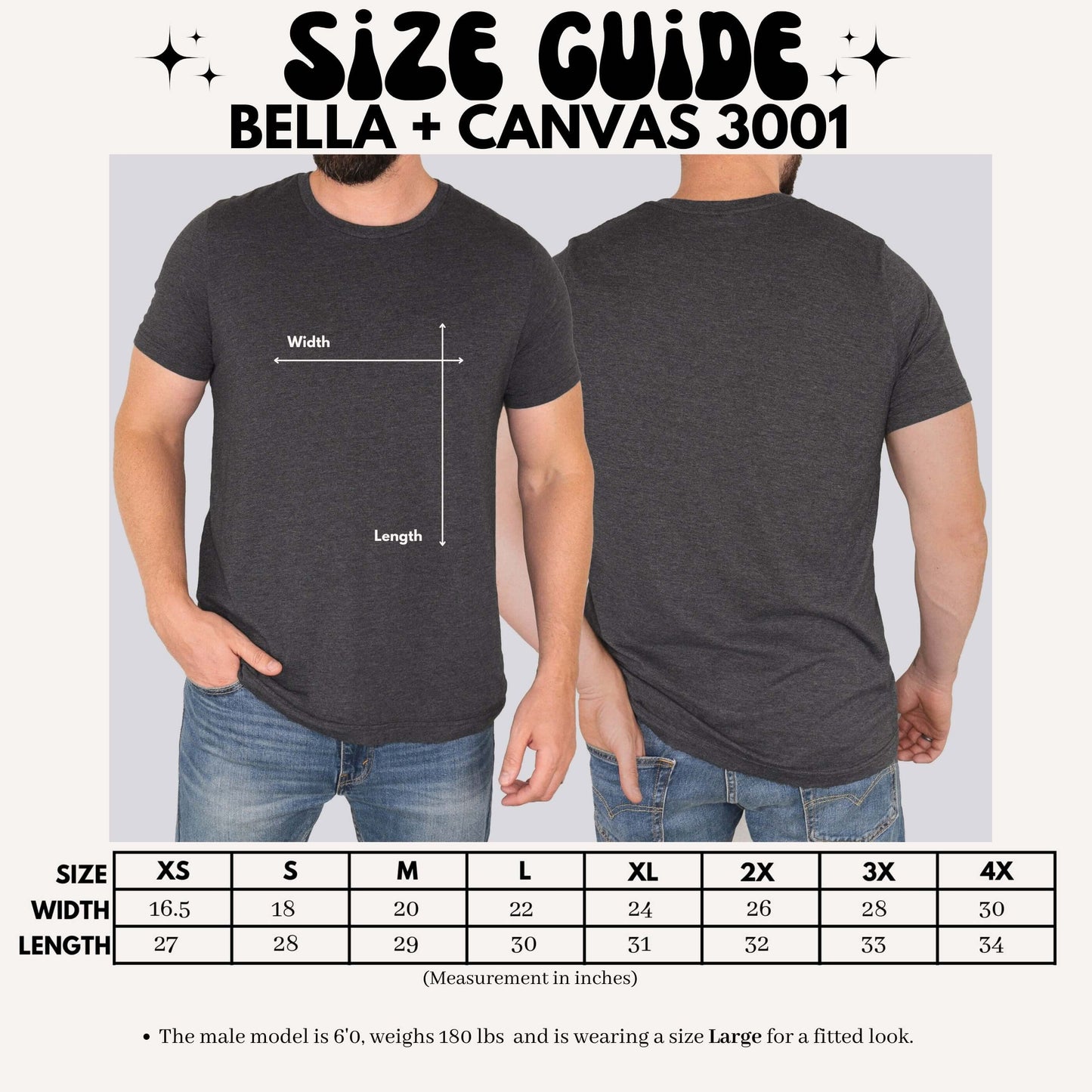 Bella + Canvas 3001 size guide for men's t-shirt, showing width and length measurements for sizes XS to 4X with front and back view.