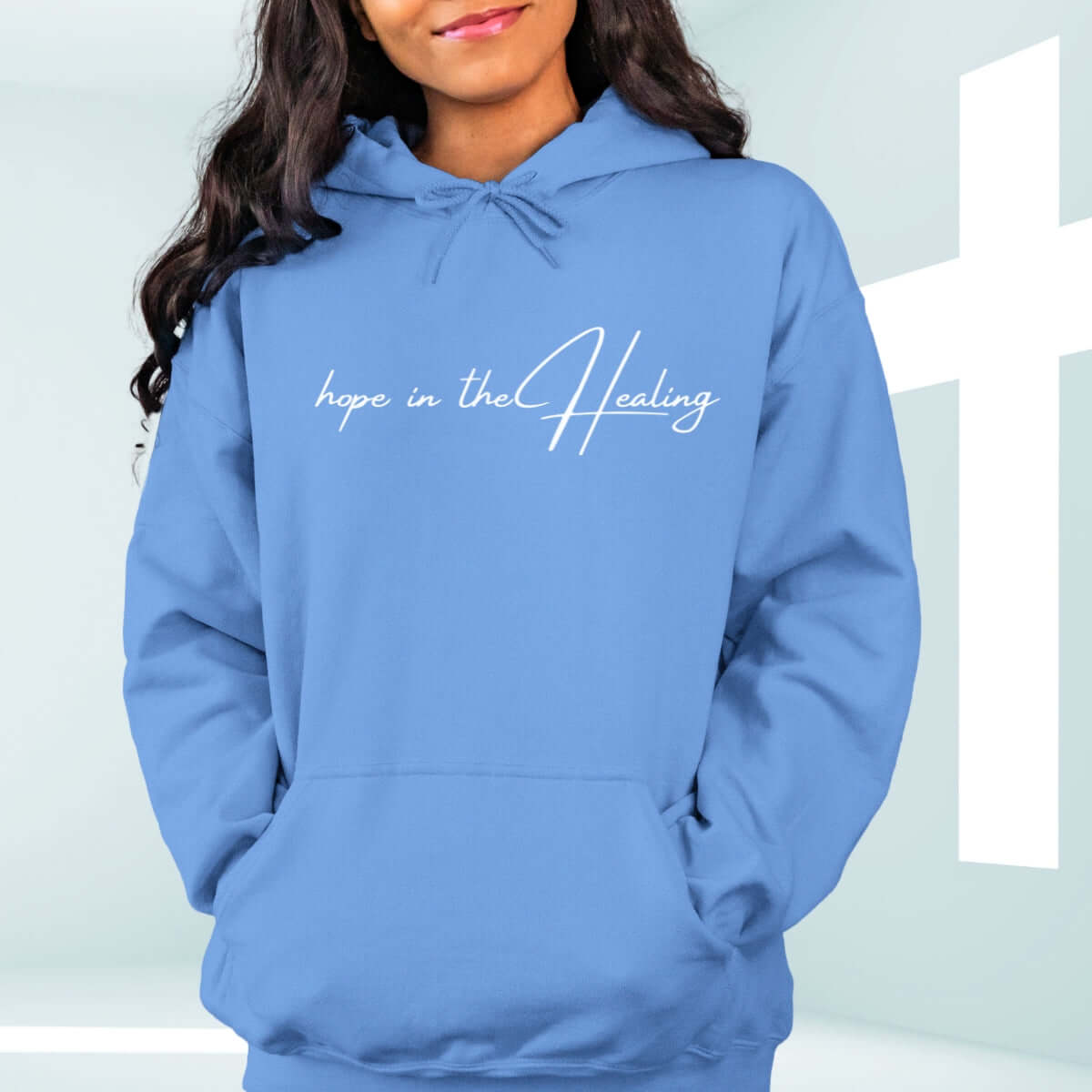 Blue Christian hoodie with "Hope in the Healing" text, faith-based get well soon gift, hooded sweatshirt for inspiration and encouragement