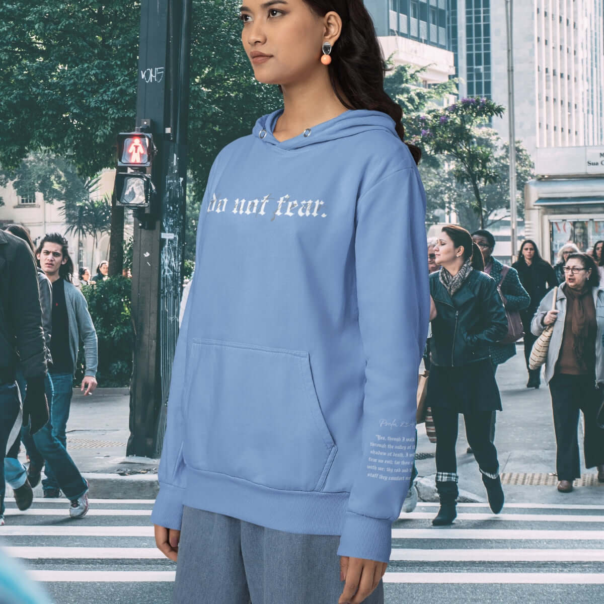 Blue Christian hoodie with "do not fear" text, faith-based Bible verse apparel, unisex inspirational hooded sweatshirt