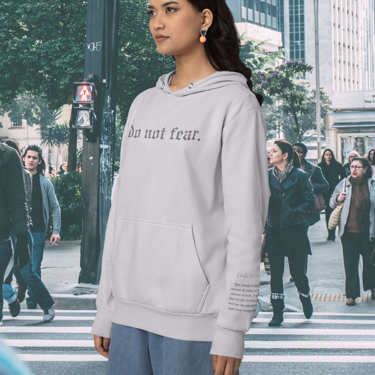 Christian hoodie with "Do Not Fear" text, faith-based hooded sweatshirt with Bible verse, inspirational religious pullover hoodie