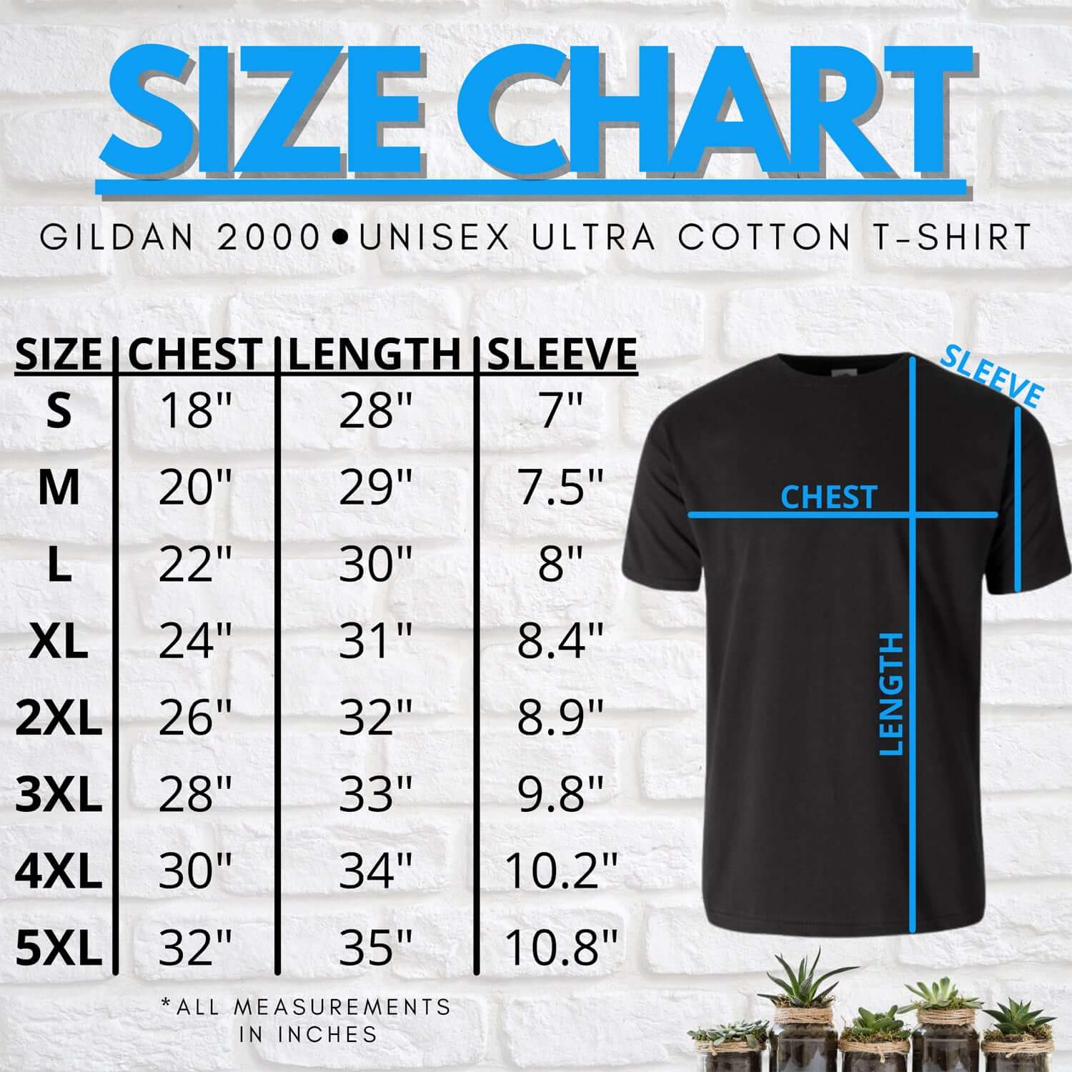 Gildan 2000 Unisex Ultra Cotton T-Shirt Size Chart with Measurements for Chest, Length, and Sleeve from Small to 5XL