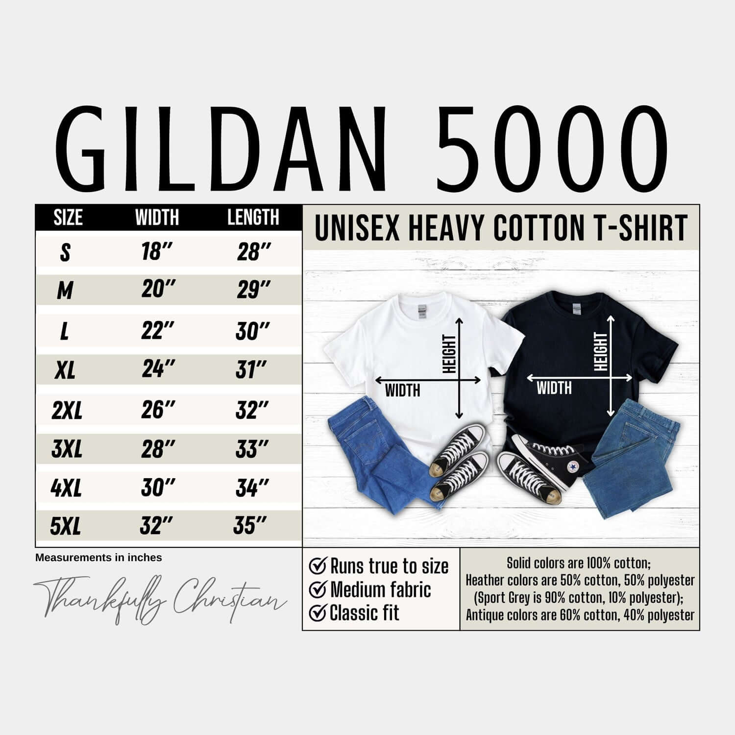 Gildan 5000 size chart showing measurements for unisex heavy cotton T-shirt with example outfits in white and black tees.